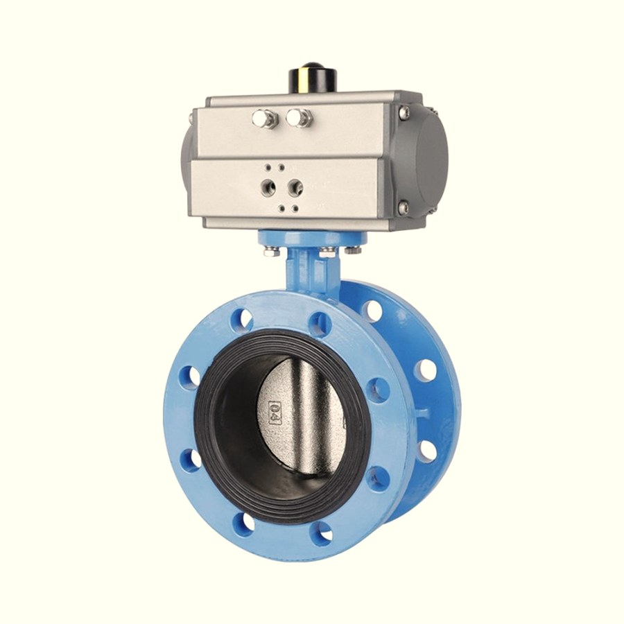 Large diameter flanged butterfly valve being fitted